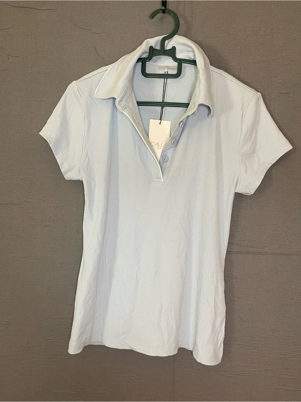 NWT CALIA Women’s Size S Light Blue Ribbed Short Sleeve Golf Polo Athleisure